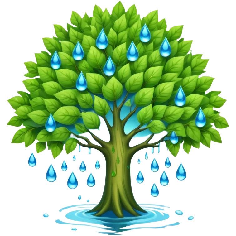 a leafy green tree with its crown bursting into blue water drops, no fire or smoke emoji