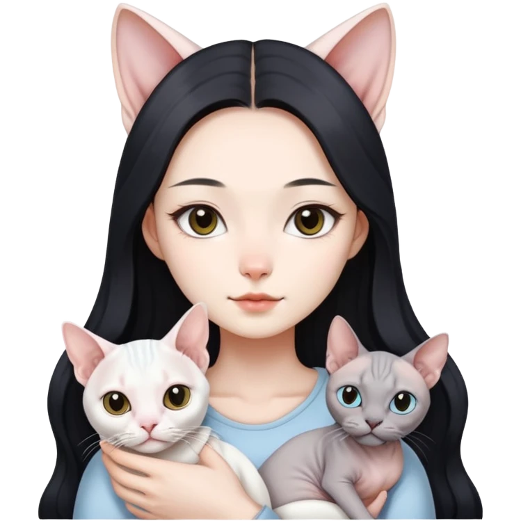 A beautiful korean Girl with black longhair holding a white cat and a white Sphynx and a grey Sphynx Cat emoji