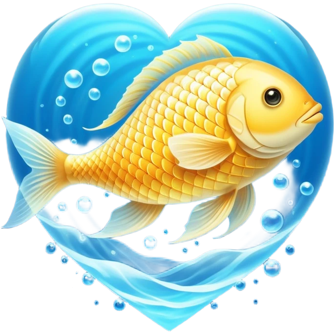 Ethereal golden fish in the shape of an omega symbol, radiating gentle waves of energy that flow toward a glowing brain and heart. The fish appears translucent and luminous, with scales that shimmer with healing properties, all suspended in a dreamy blue atmosphere. emoji