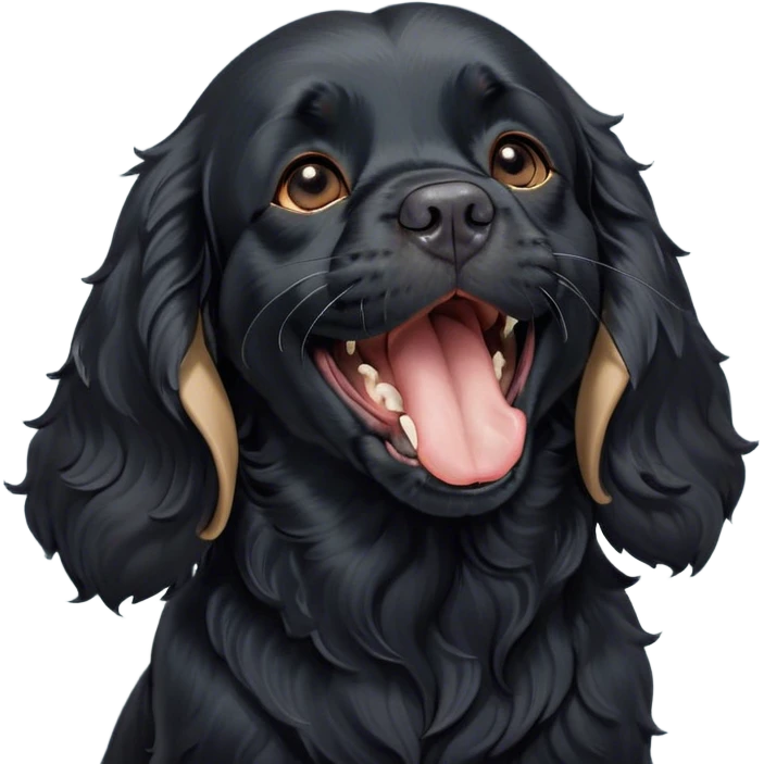 Cinematic Cute Yawning Black Cocker Spaniel Portrait Emoji, Head tilted slightly with a dramatic, wide-open yawn, showcasing a sleek black coat with subtle tan highlights, floppy ears slightly drooping, round dark eyes barely open in drowsy contentment, Simplified yet irresistibly adorable features, highly detailed, glowing with a soft, cozy glow, high shine, relaxed yet expressive, stylized with a touch of whimsy, bright and endearing, soft glowing outline, capturing the essence of a sleepy yet affectionate companion, so drowsy it feels like it could stretch out of the screen and curl up for a nap! emoji