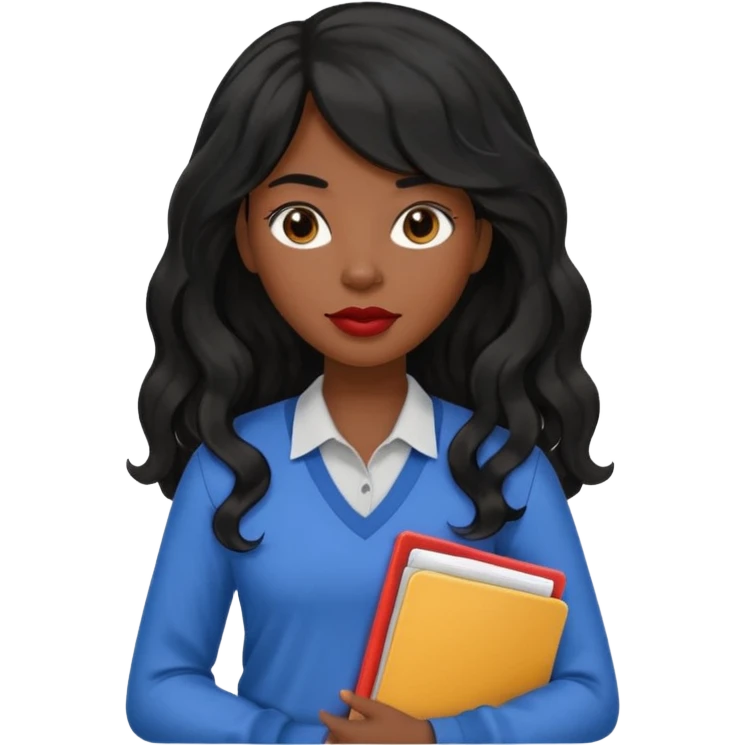 A young woman with long black hair, a wavy frange falling on half of her head. There's a long wavy stretch of hair falling on the side of her head. She's black, medium to dark skinned with thick lips. She's holding folders, and she's a CEO, but she's wearing casual clothes. emoji