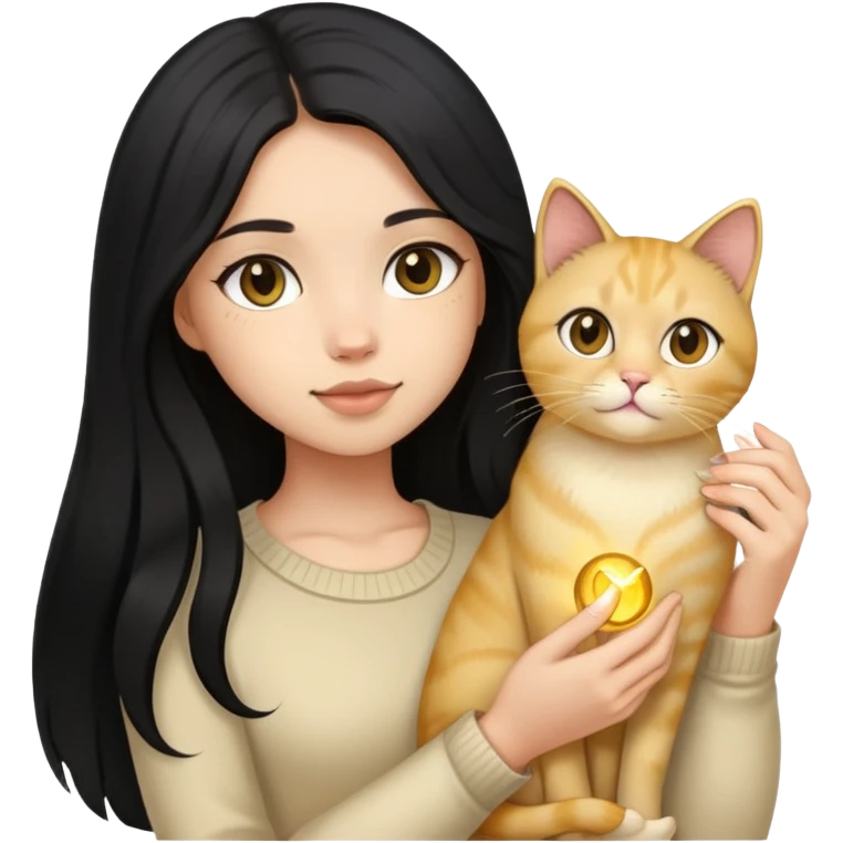 Girl black long hair with light gold cat emoji