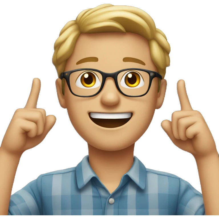 smiling young man who wearing glasses 
 putting hands up  emoji