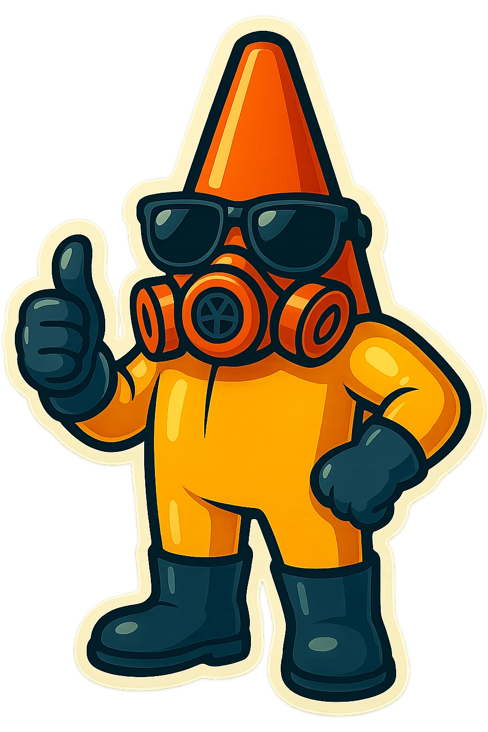 This character in retro sticker style, giving a thumbs up while issuing a command, vibrant and clean with transparent background. emoji
