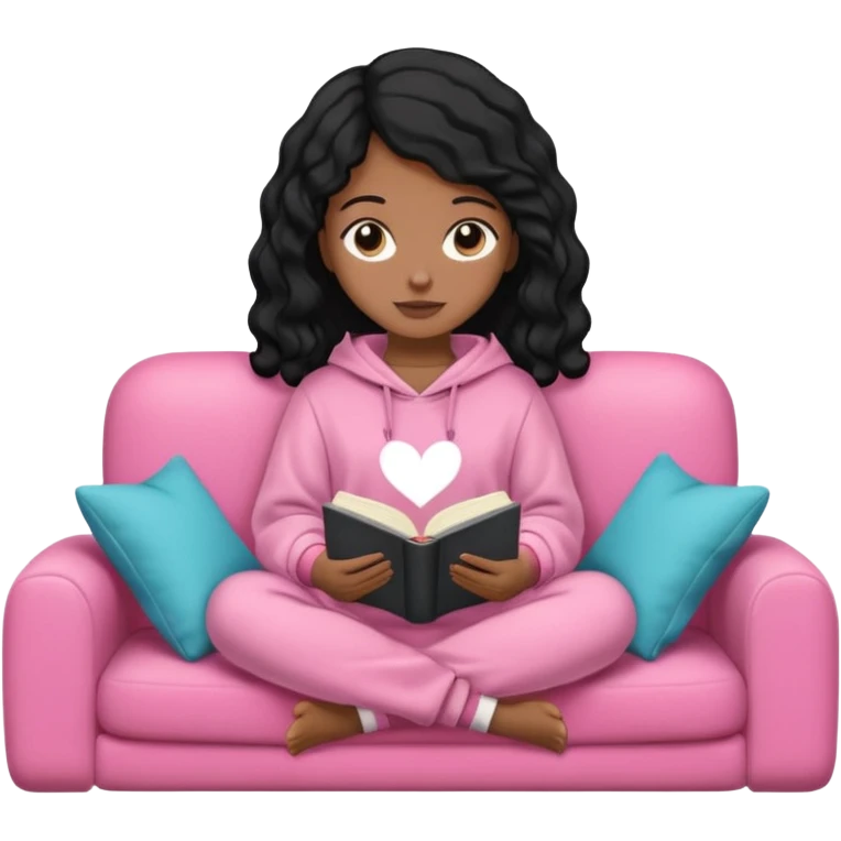 Una chica linda de cabello negro con ondas hasta los hombros de piel blanca con una sudadera rosa en un sofá cómodo y hermoso leyendo la biblia emoji