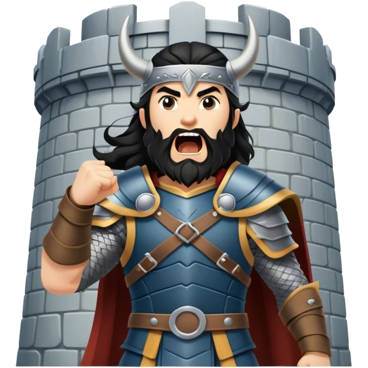 vikingo con armadura de Asgard, pelo negro ondulado, de pie, grito de guerra en torre de Asgard. emoji