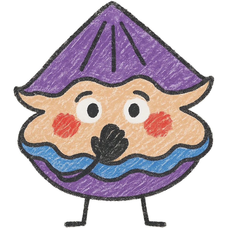 Cute oyster with an embarrassed expression, hand in front of mouth, red cheeks, in children doodle style, transparent background. emoji