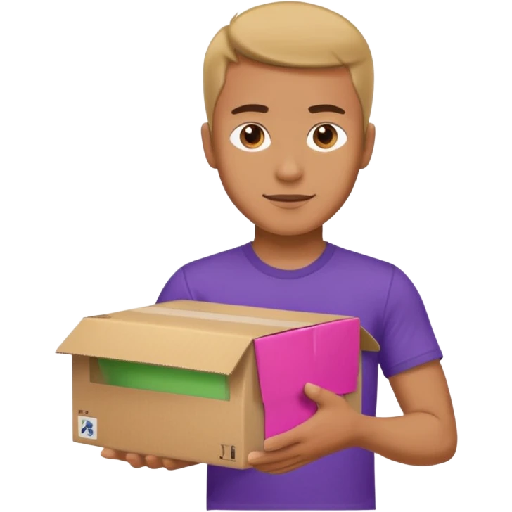 a man in a purple T-shirt hands out a box emoji