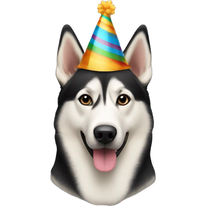 An adult husky mixed with a German shepherd with birthday hat emoji