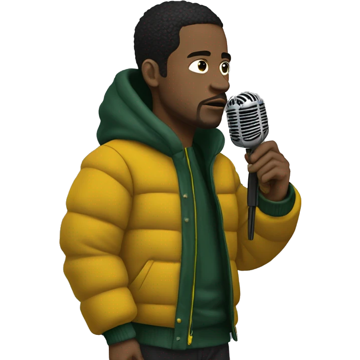 Side profile of a hip hop artist, holding a mic down in one hand. He's wearing a dark green puffy jacket with a mustard yellow collar. emoji