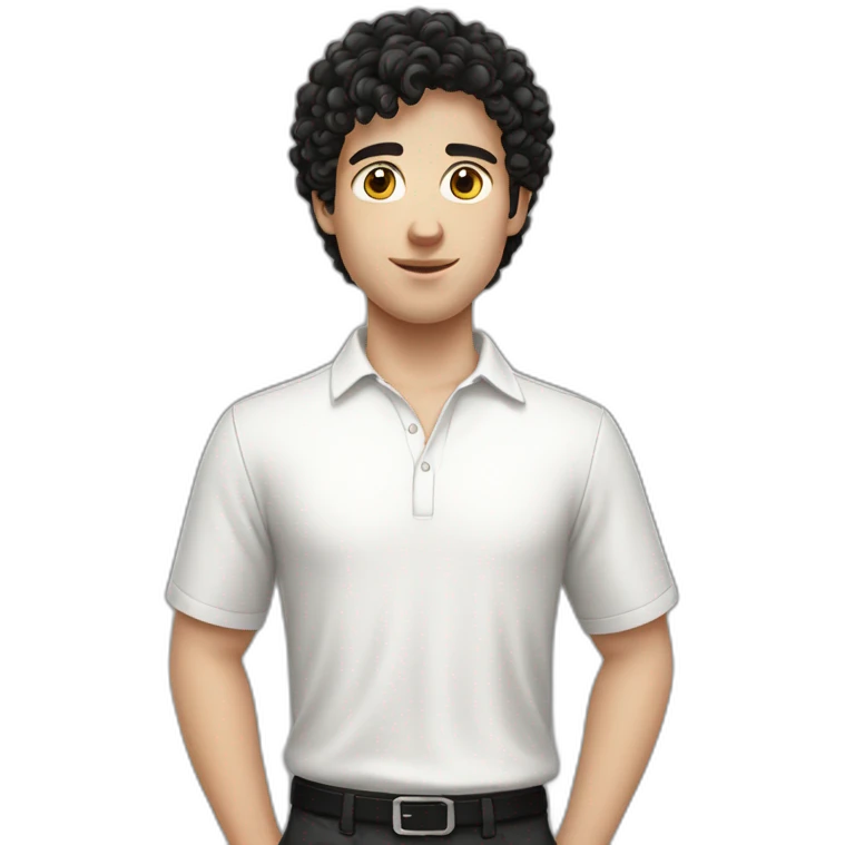 young white European guy with a white shirt and short curly black hairs emoji