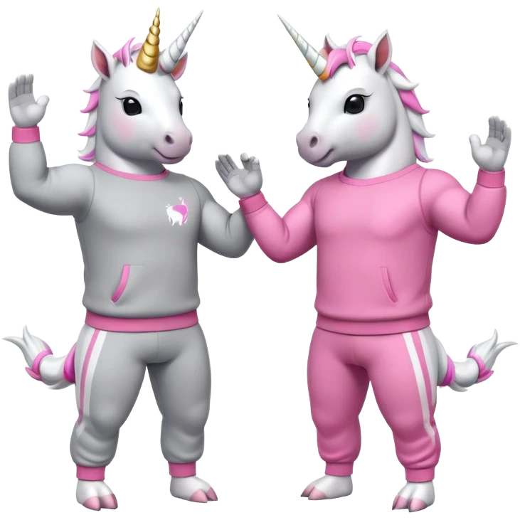 two friendly anthropomorphised male white unicorns with fit, chunky, muscular and strong physiques, arms and legs matching the white of the head, both wearing grey tracksuit pants and pink jumpers, sunglasses, high-fiving each other emoji