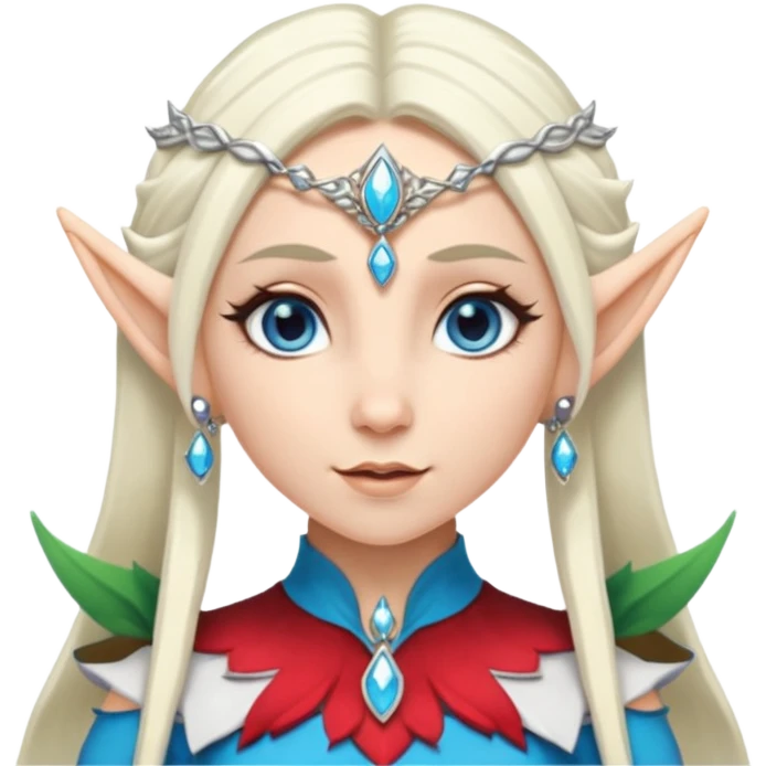 elf princess with pointy ears, white skin, silverblond hair with jewellery, blue eyes emoji
