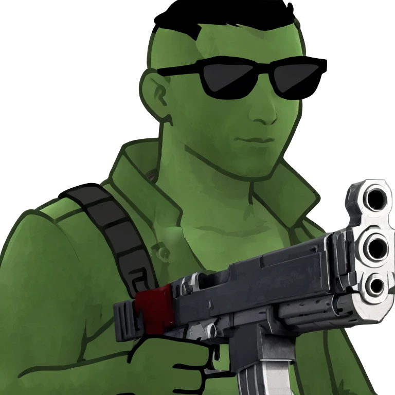 A guy in a red sweatshirt with sunglasses, with stylish black hair, holding a machine gun, and behind his back you can see the inscription: PRED emoji