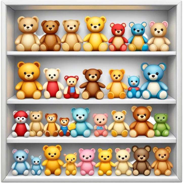 Icon for Toy Collecting: a collection of various vintage toys such as dolls, action figures, and plush animals, displayed neatly on shelves or in display cases. The icon should evoke the joy and nostalgia of collecting toys. Transparent background. emoji