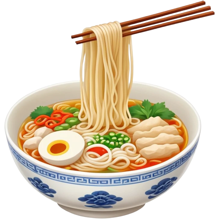 Yunnan over-the-bridge rice noodles with separate ingredients, simplified emoji style with bold outlines and bright colors, cartoon style Chinese noodle dish emoji