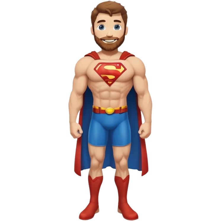 Full body Adult size Superman Blue Eyes Scruffy Redish and light Brown trimmed Beard Muscle happy emoji