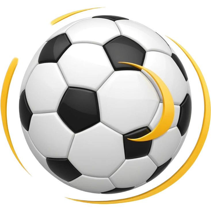 Apple-style emoji of a soccer ball with curve effect, flying with curved wind trails showing spin, glossy 3D look, clean minimal design, soft lighting, transparent background. emoji