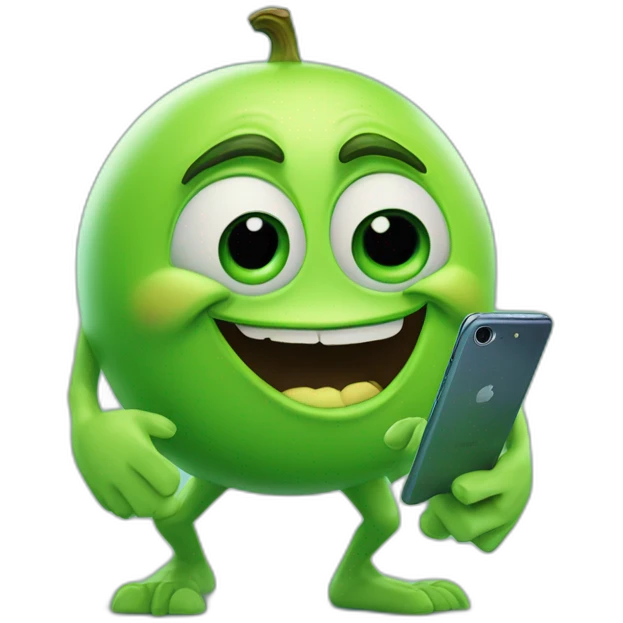 3D stickers for telegram, Mike wazowski with legs, looking into his phone and laughing, 8k, super realism, super detail, light green background emoji