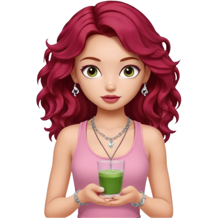 a pretty fair bratz girl with wavy dark red hair, wearing a pink tank top . silver dainty layered necklaces, carrying a matcha emoji