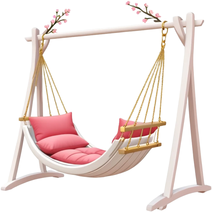 Romantic white wooden pastel-red-pink cushions hammock-swing with tiny gold flowers around emoji