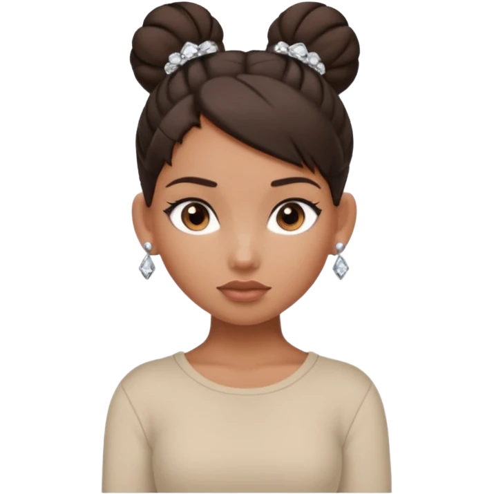 generate a pretty bratz girl with dark brown eyes. Dark brown hair tied in a single bun, tight beige shirt with top shirt open. diamond studs in ears. airpods in ear emoji