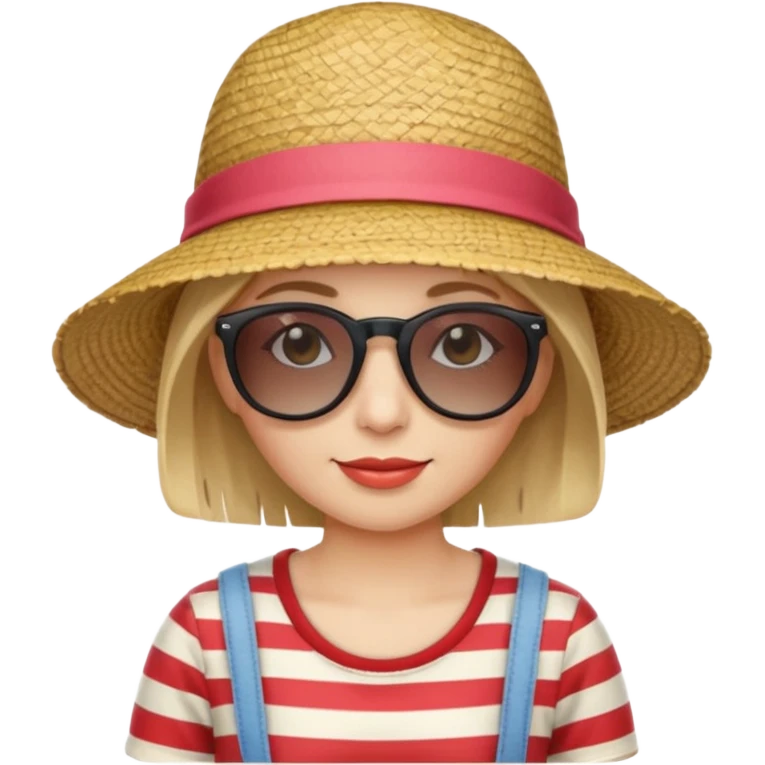 woman with striped clothing sun glasses and straw hat emoji
