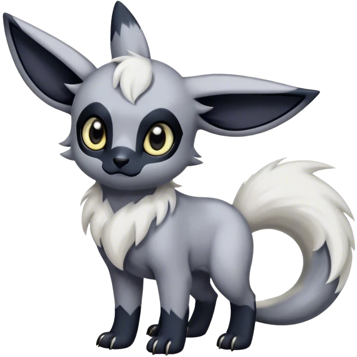 Absol-Umbreon, long thick black ears, no Scapha, black long tail, black eyes, white fur, black claws, cute big eyes, adorable emoji