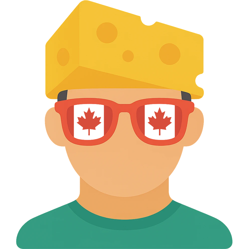 Add color to the icon: yellow cheese block, red and white Canada flag glasses, natural skin tone, simple colored shirt, keep background transparent. emoji