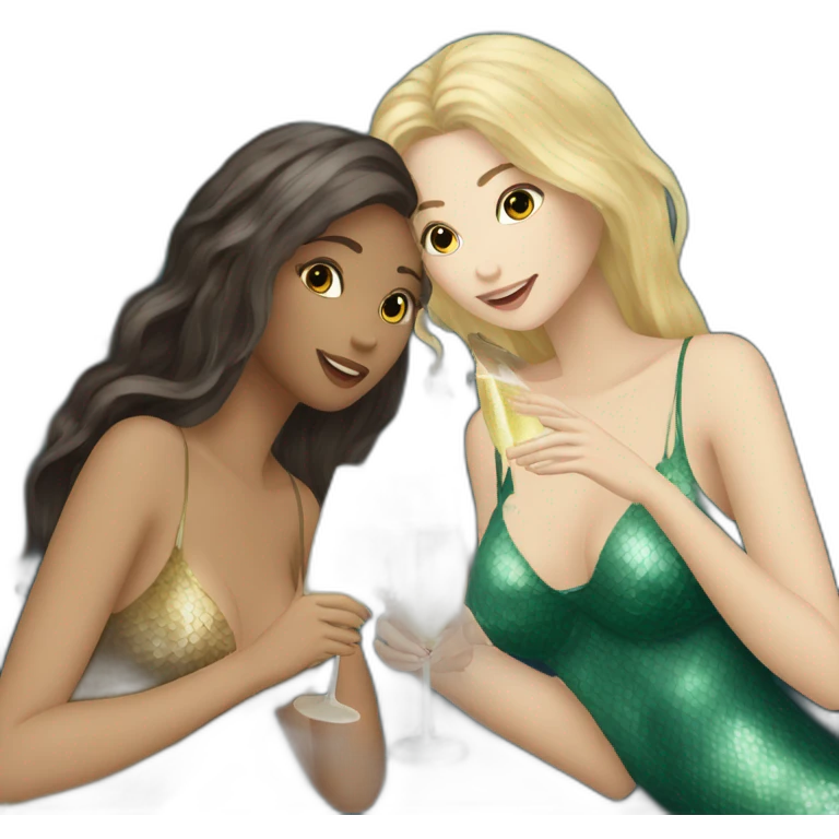 Three beautiful mermaids (two brown hair and blond one) drinking prosecco emoji