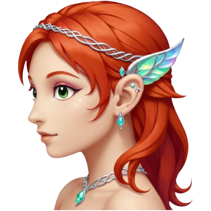 portrait of red haired Elvish fae shiny sparkly iridescent translucent diaphanous ear climber ear cuff emoji