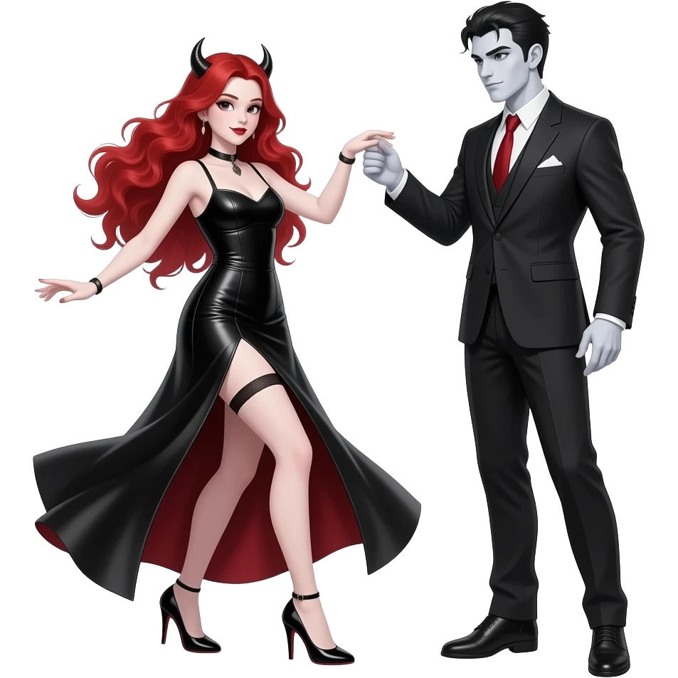 Vampiro femmina ADOLESCENTE con pelle bianca e capelli rosso ondulati lunghi che indossa un vestito stretto in vita e lungo e largo sotto con NESSUNO strappo con i tacchi neri che balla con le mani intorno al suo ragazzo VAMPIRO ADOLESCENTE con la pelle bianca emoji