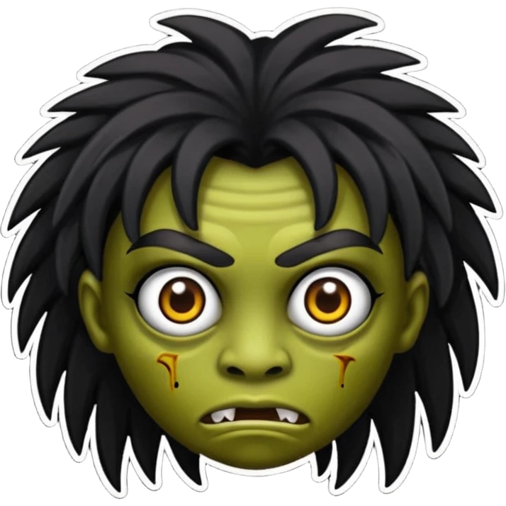 Uma zumbi com os cabelos pretos, longos, liso e com franja, olhos castanhos emoji