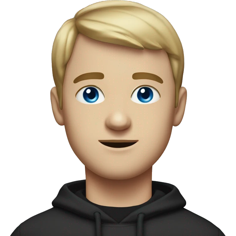 white guy with a short haircut and parted bangs, in black sweatshirt, blue eyes emoji