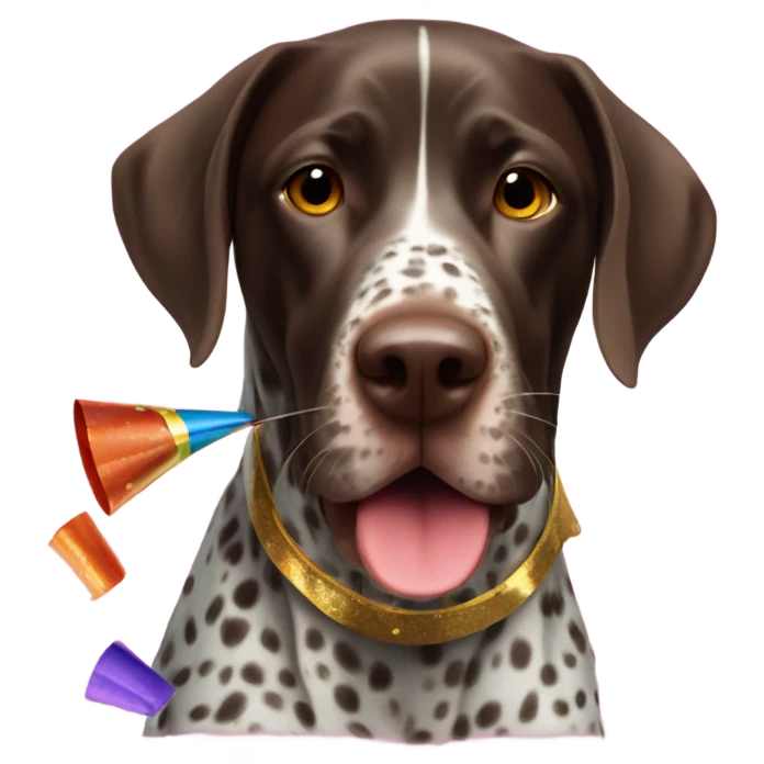 German shorthair with party horn and confetti emoji