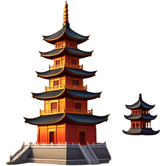 Leifeng Pagoda in the Sunset, West Lake Hangzhou, simplified emoji style, traditional Chinese pagoda with sunset glow, cartoon style emoji