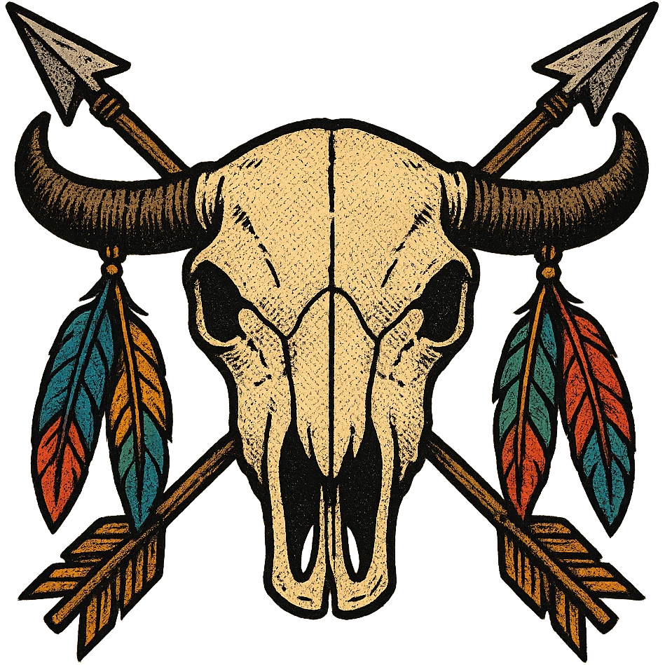 A native American buffalo skull with colourful feathers hanging from both horns and two crossed arrows in the background. Make the skull symmetrical facing the front emoji