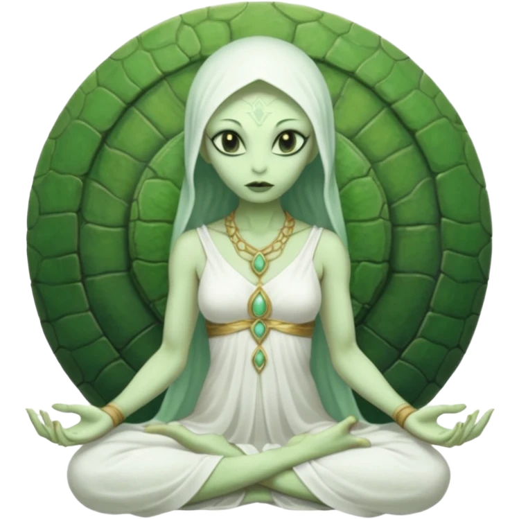 a Reptilian alien woman,in meditation, white dress like a priestess emoji