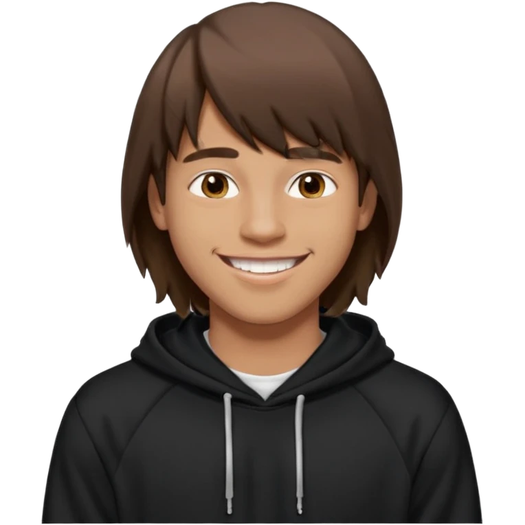 20 yr old man, brown hair, straight, big smile, white teeth, tanned skin, bangs, black hooded sweatshirt, long hair in back, center-parted bangs, big lips emoji