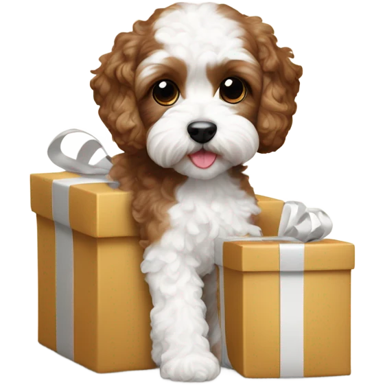 Brown and white cavapoo and gift box emoji