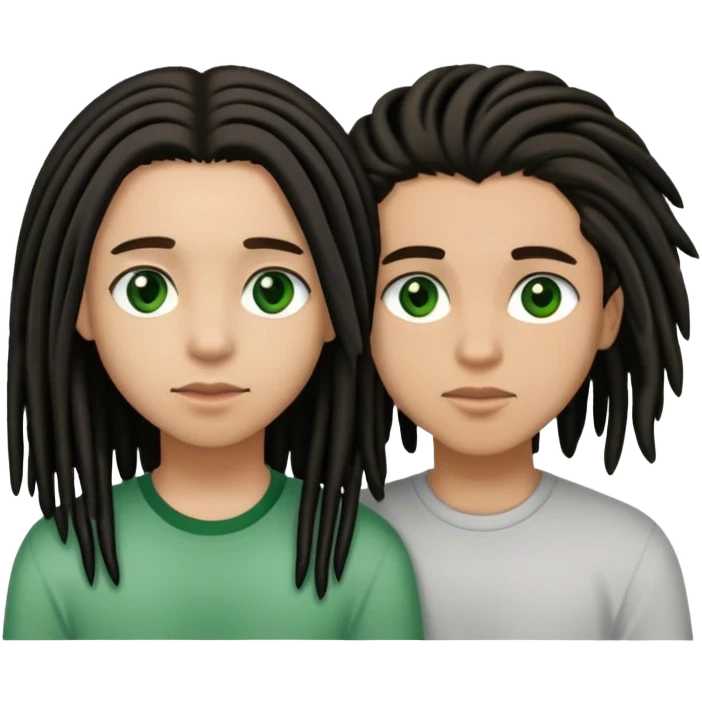 couple holding eachother. boy is light skinned, short brown dreads, and green eyes.girl is light skinned, long black hair slicked straight, and brown eyes. emoji