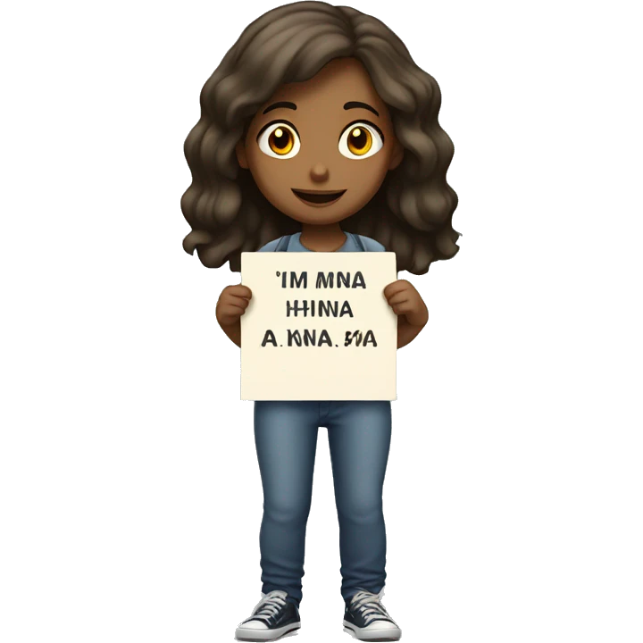 a girl standing with placard saying "IM HINA" emoji