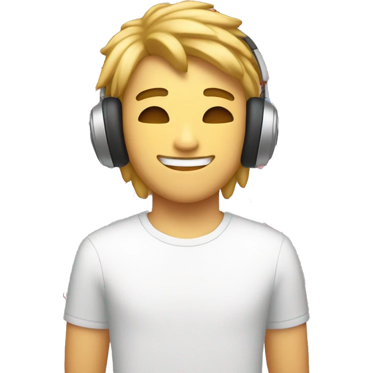 white 20yo guy, wearing a headphone, having a curtain mullet hair, smiling with closed eyes and holding a heart emoji