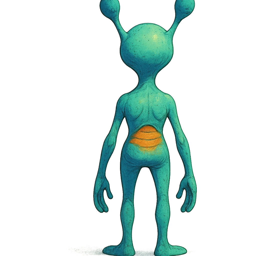 alien, rear view, standing, imaginative style, creative design, stylized illustration, back view, character design emoji