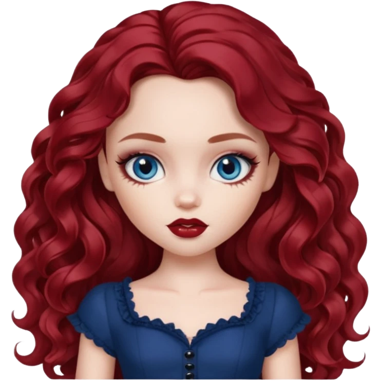 pale skin, girly bratz baddie, beautiful dark blue eyes, pretty makeup, long dark red wavy hair emoji