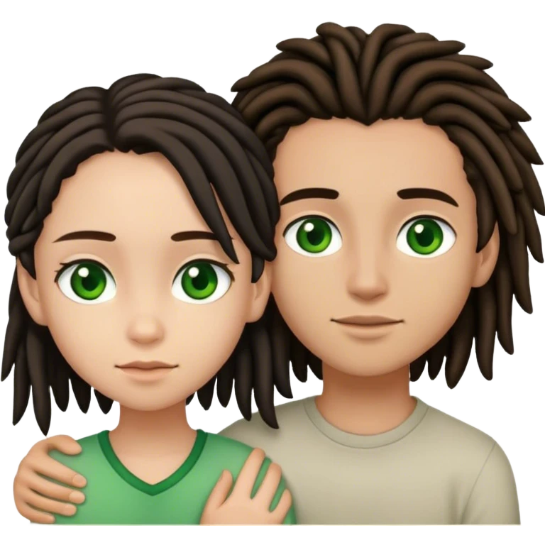 couple holding eachother. the boy is light skinned, short brown dreads, and green eyes. the girl is light skinned, long black hair, and brown eyes. emoji
