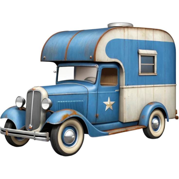 A 1934 ratty old antique rat Chevrolet hot rod caravan pulling a large matching trailer, blue and pearl  emoji