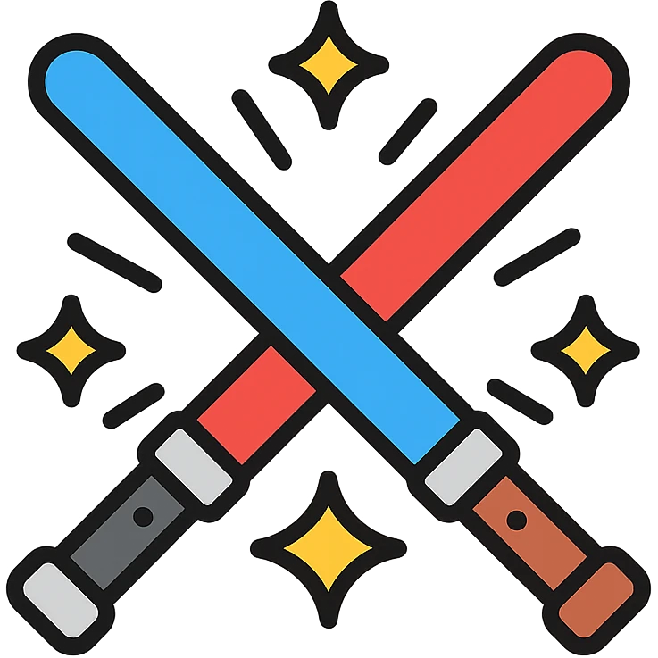 crossed blue and red lightsabers with dynamic motion lines and yellow sparks emoji