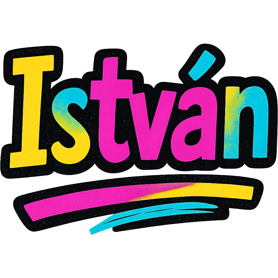 István name in modern colorful gradient font with dark outline, partially or fully underlined with dynamic, slanted underline, in the style of sample images emoji