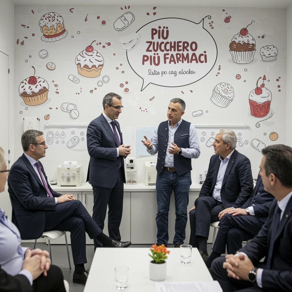 Riunione aziendale in una casa farmaceutica: manager discutono davanti a una lavagna con disegni di dolci e pillole, slogan in italiano “Più zucchero, più farmaci”, atmosfera di cinismo, stile fotografico, qualità 4K. emoji